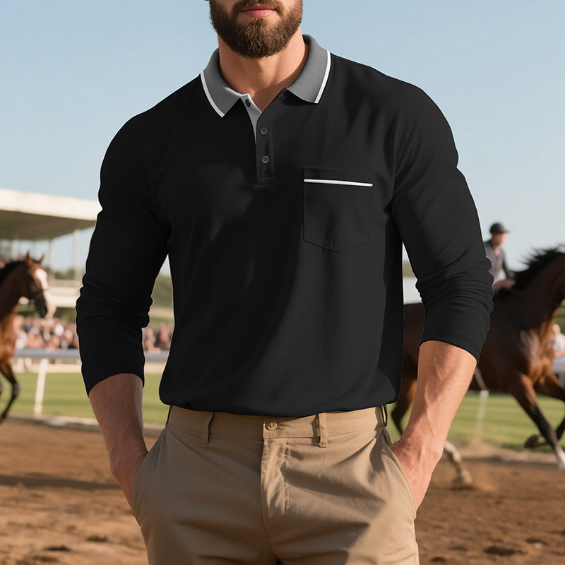 Herren Polohemd Langarm Modisch mit Brusttasche