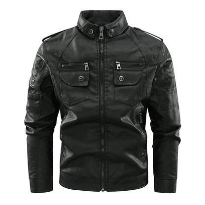 Herren Lederjacke Bikerstil Mit Taschen Schwarz