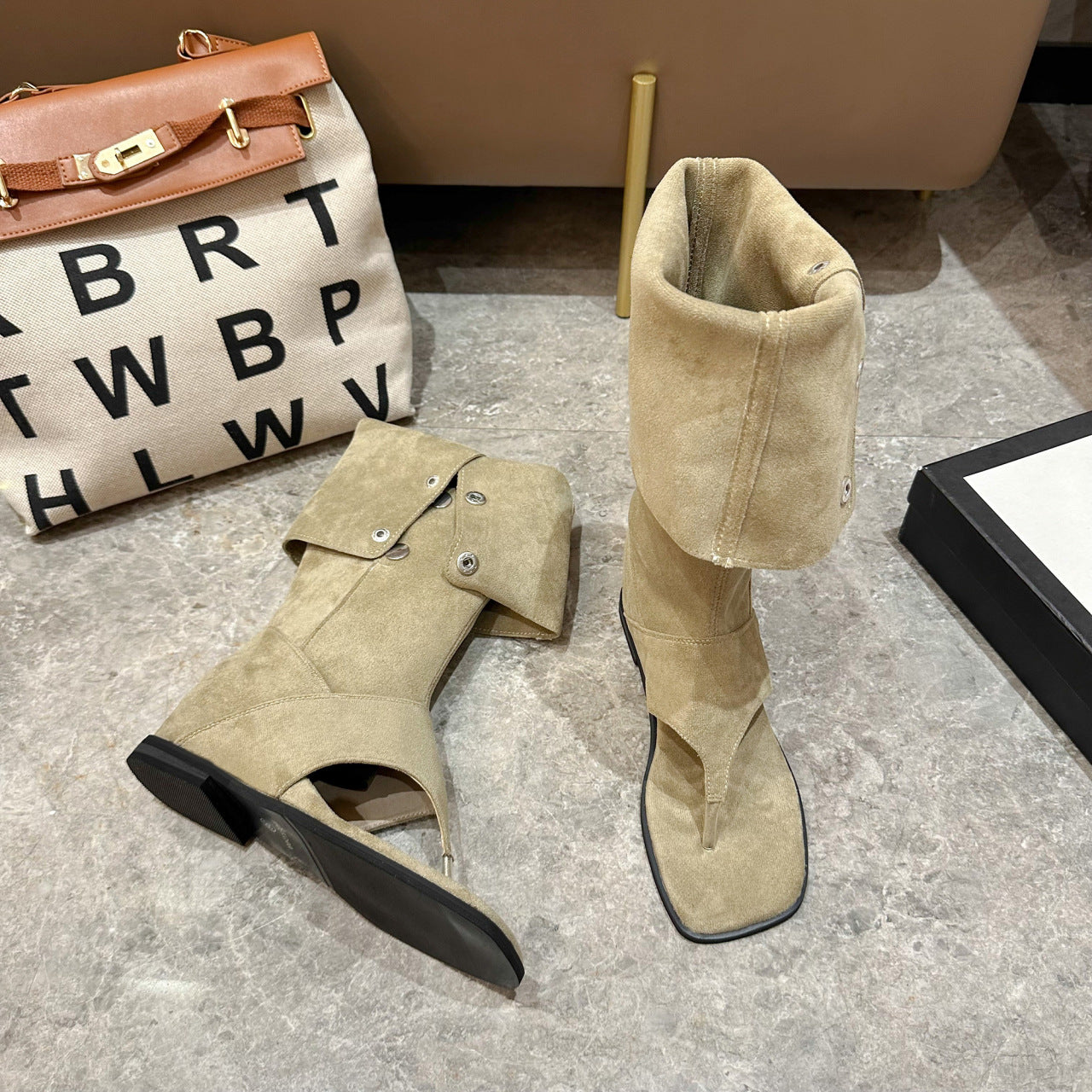 Damen Stiefel Offen modisch Riemendesign Elegante Knöpfe
