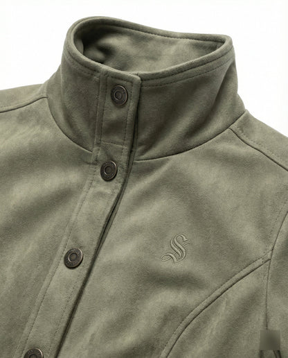 Damen Bomberjacke Kurz Wildleder Optik Stehkragen