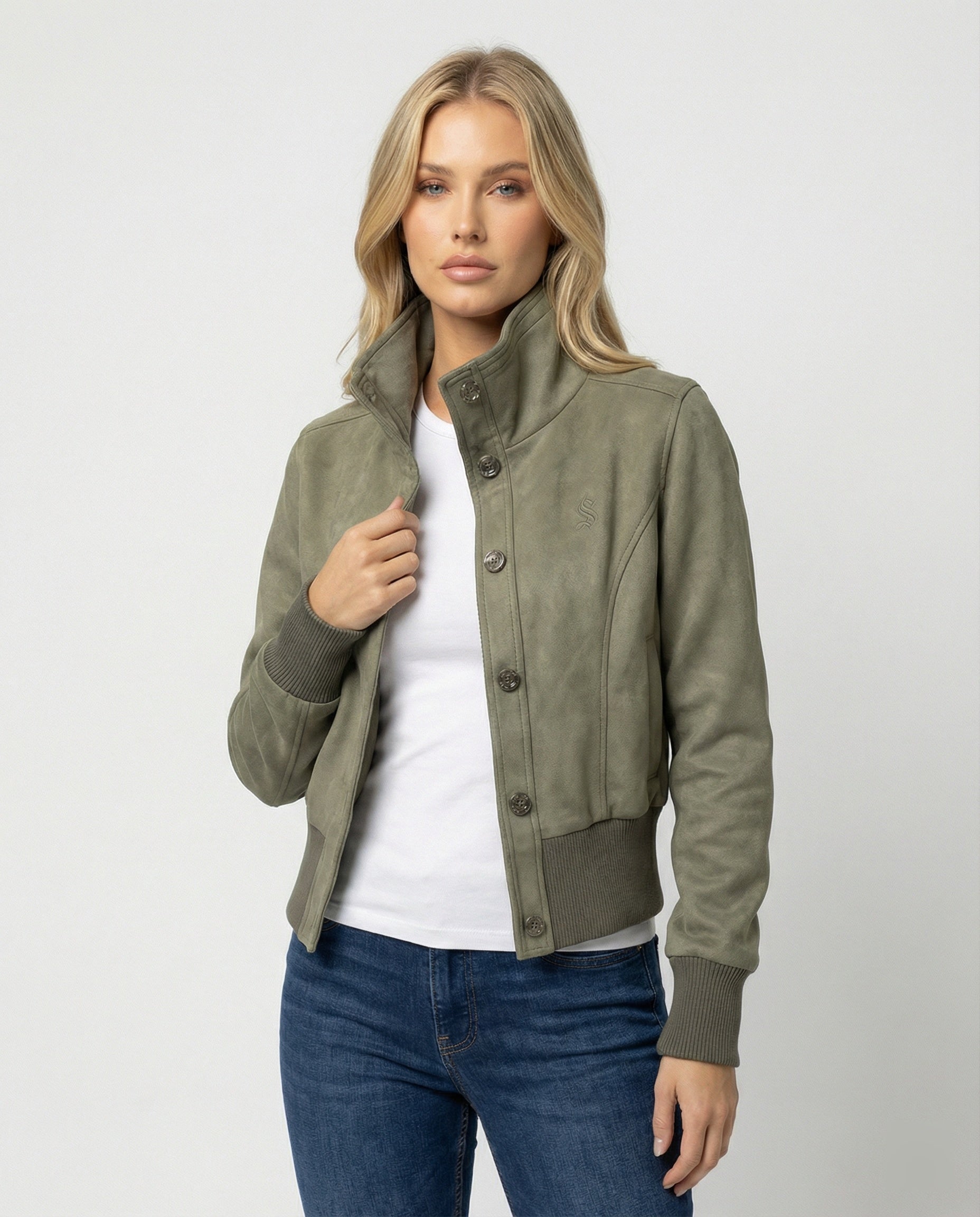Damen Bomberjacke Kurz Wildleder Optik Stehkragen - BerlinGlamour