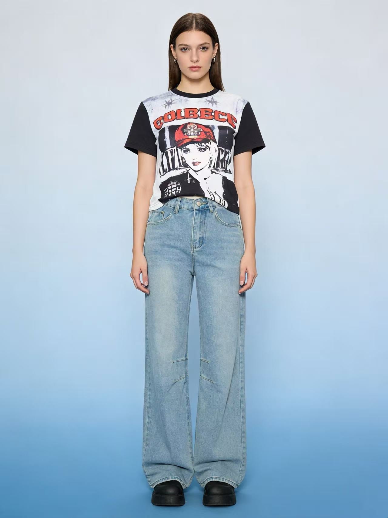 Damen Jeanshose Weit Bequem Mit Nähdetails