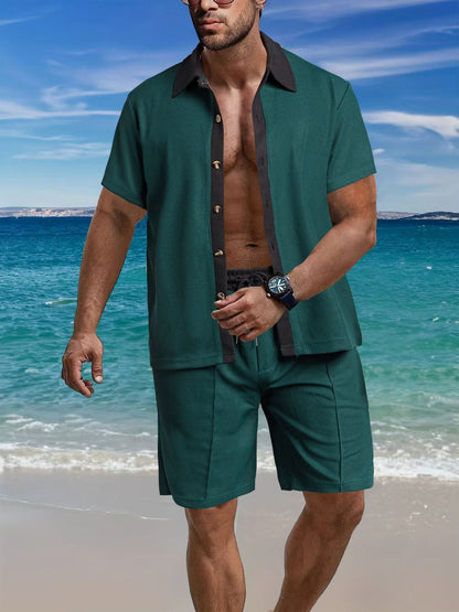 Herren Set Kurzarm Hemd und Shorts Strukturiert Sommer