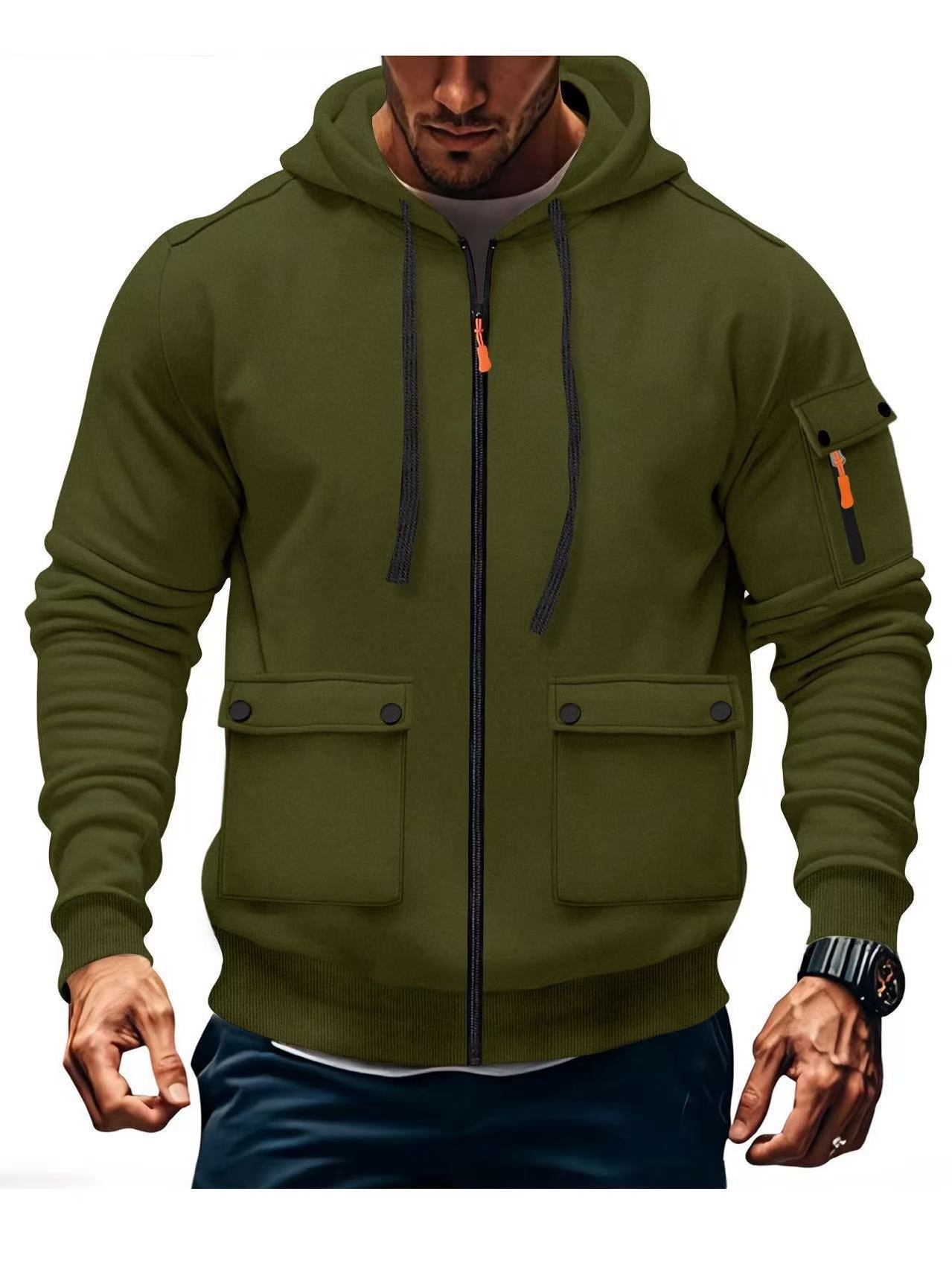 Modische Herren Kapuzenjacke Reißverschluss Taschen Schwarz