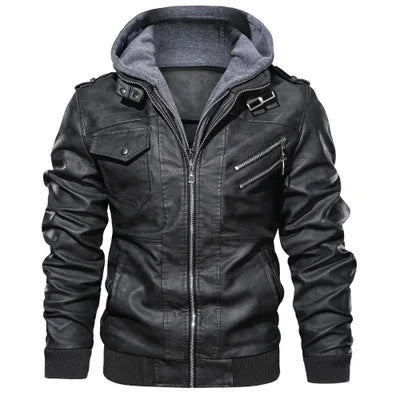 Herren Lederjacke Kunstleder mit Kapuze Reißverschluss Taschen Schwarz