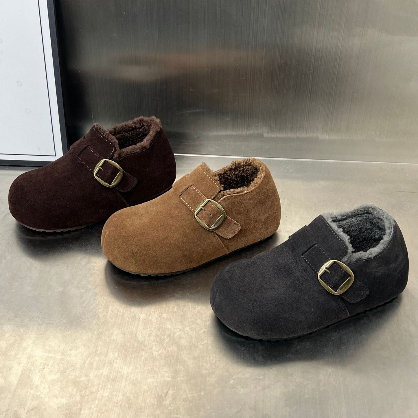 Damen Clogs Warm Wildleder Kuschelig Schnallenverschluss