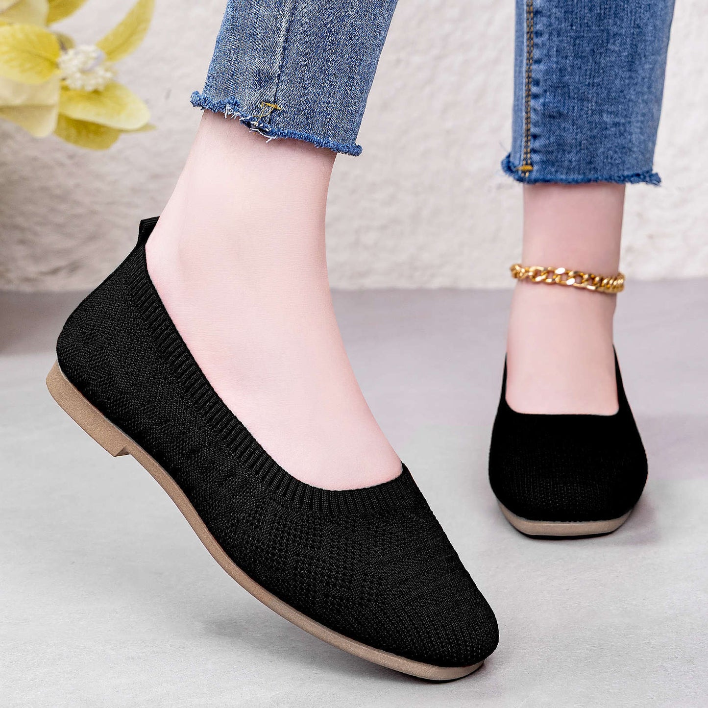 Damen Ballerinas Atmungsaktiv Strick Bequem Elegant