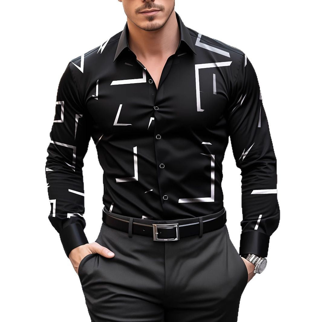 Herren Langarmhemd Modern Geometrisches Design Schwarz