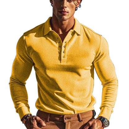 Herren Polo Langarm mit Knöpfen und Struktur Optik Modern