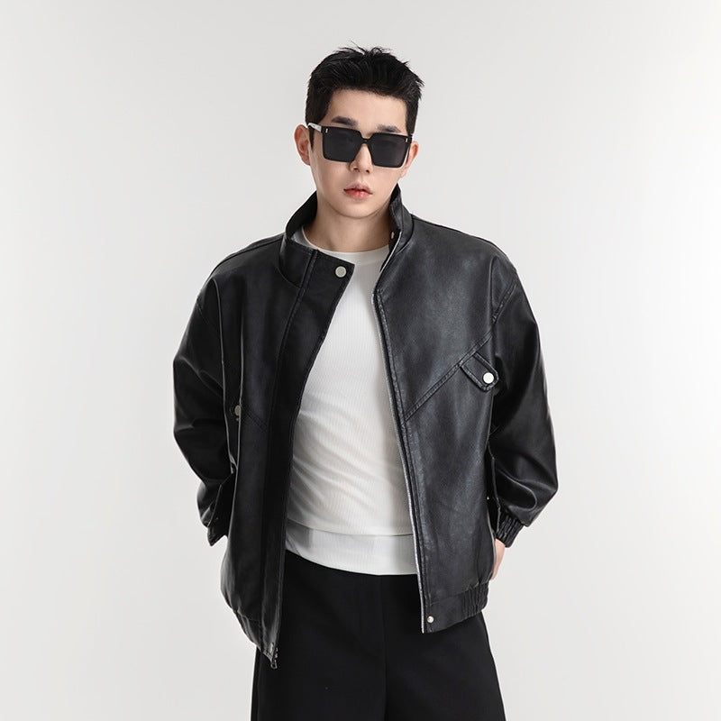 Herren Lederjacke Lässig Schwarzes Kunstleder Mit Taschen