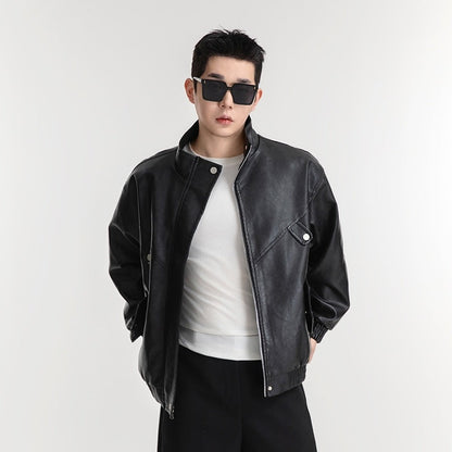 Herren Lederjacke Lässig Schwarzes Kunstleder Mit Taschen