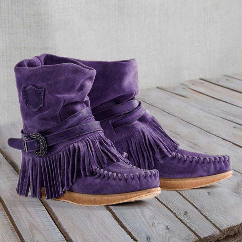 Damen Stiefel Mokassin Fransen Schnalle Modern