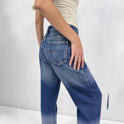 Damen High-Waist Jeans Mit Farbverlauf und Weitem Bein