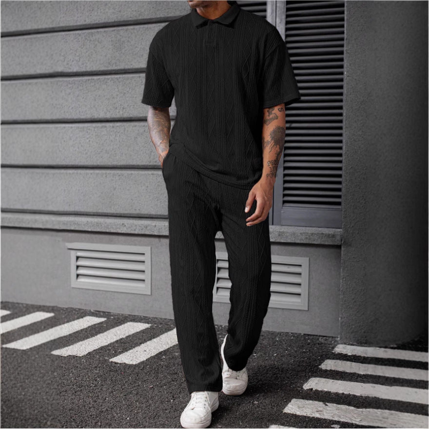 Herren Jogginghose Poloshirt Set Strickdesign Elegante Sportbekleidung