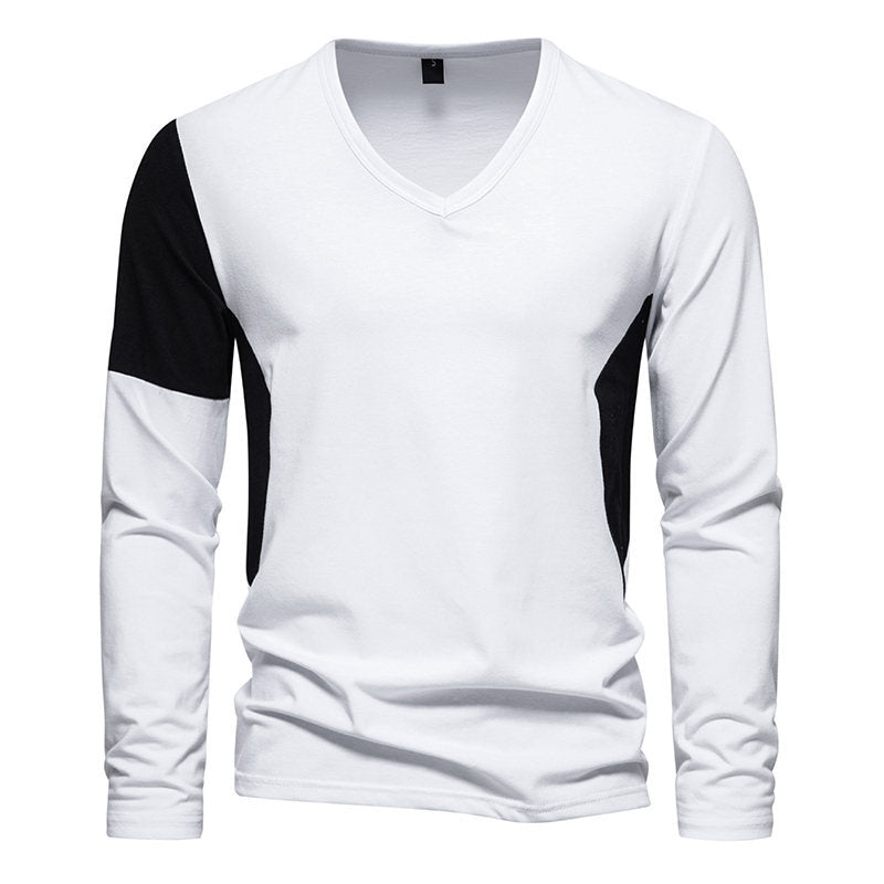 Herren Langarmshirt Modern V-Ausschnitt Kontrast Ärmel