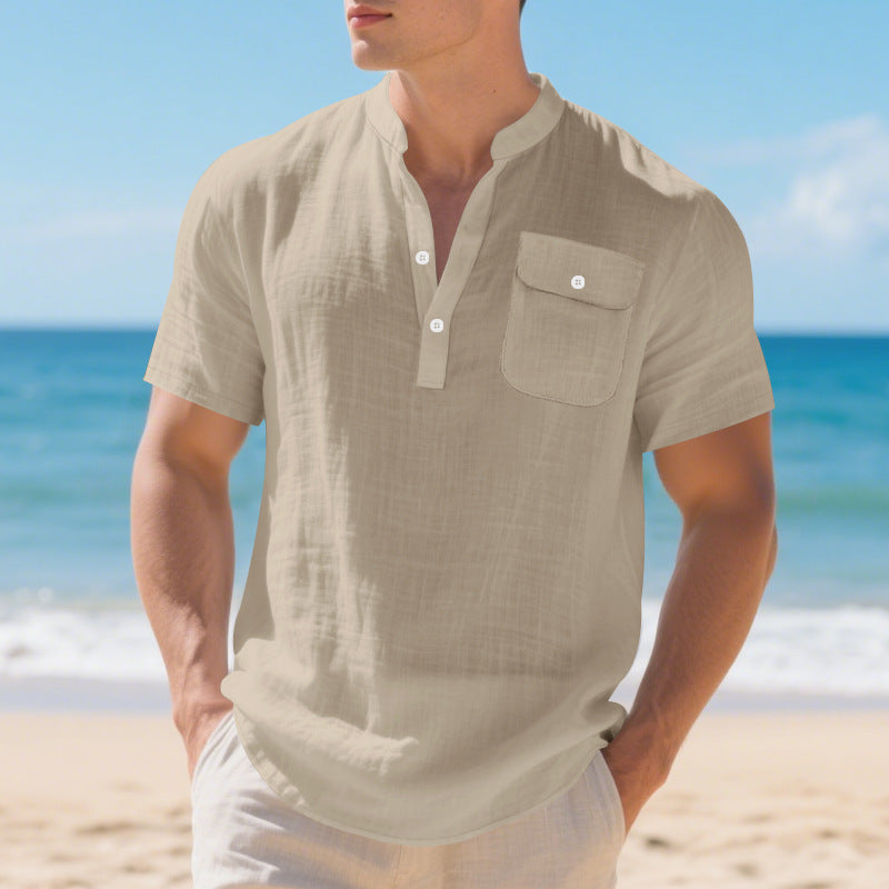 Herren Hemd Kurzarm Henley Kragen mit Brusttasche Modern