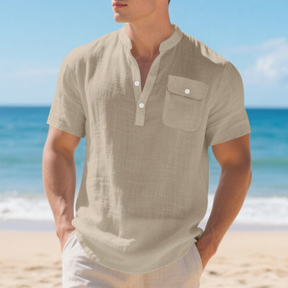 Herren Hemd Kurzarm Henley Kragen mit Brusttasche Modern