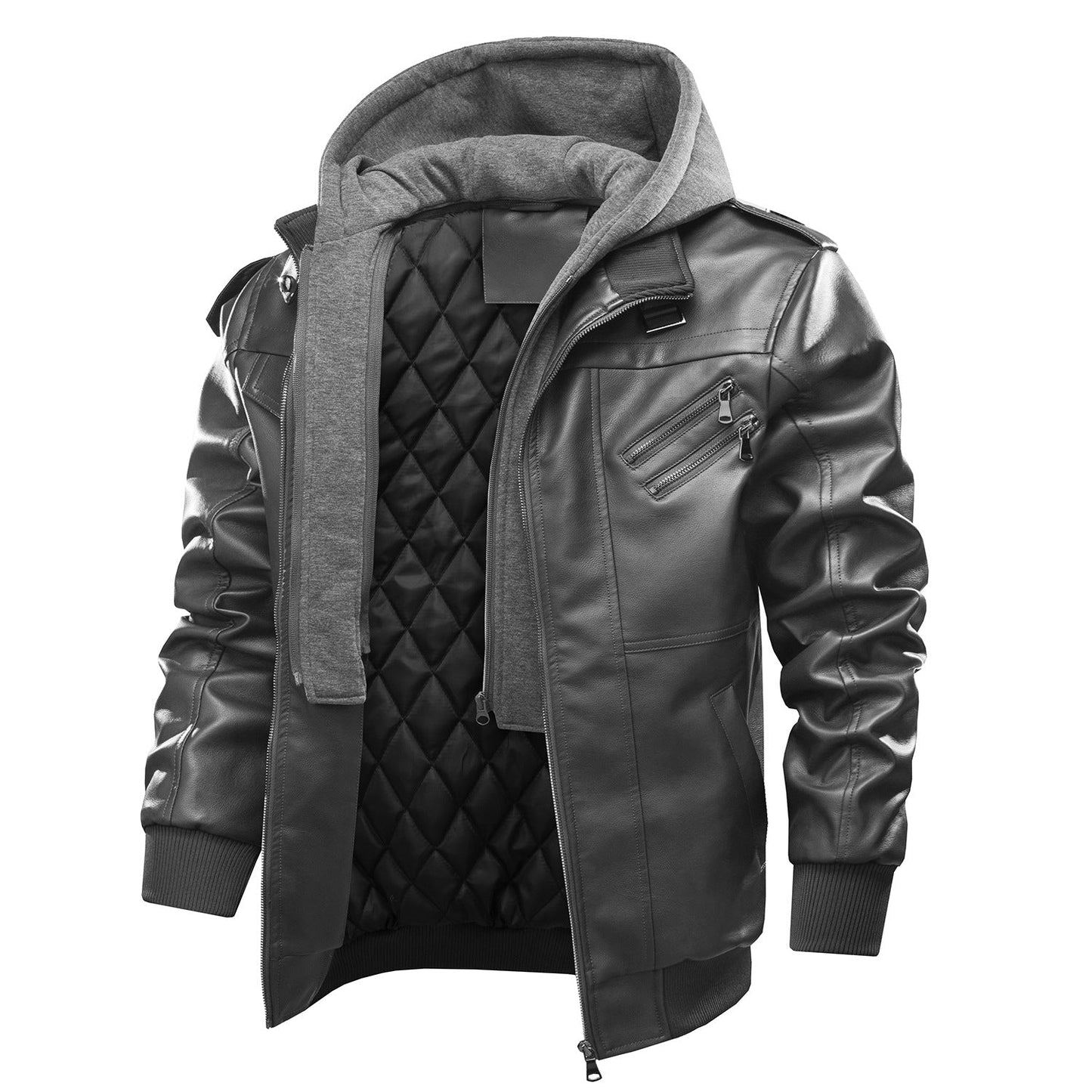 Lederjacke Herren Modern mit Kapuze Schwarz