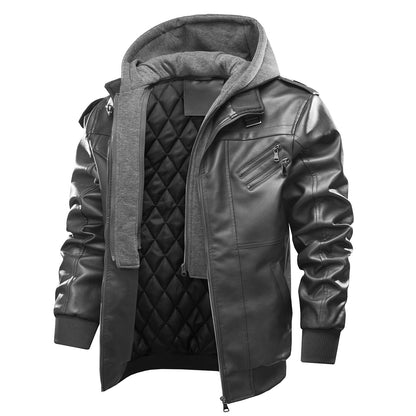 Lederjacke Herren Modern mit Kapuze Schwarz