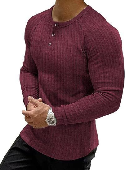 Herren Langarm T-Shirt Ripp Optik Knopfleiste Modern