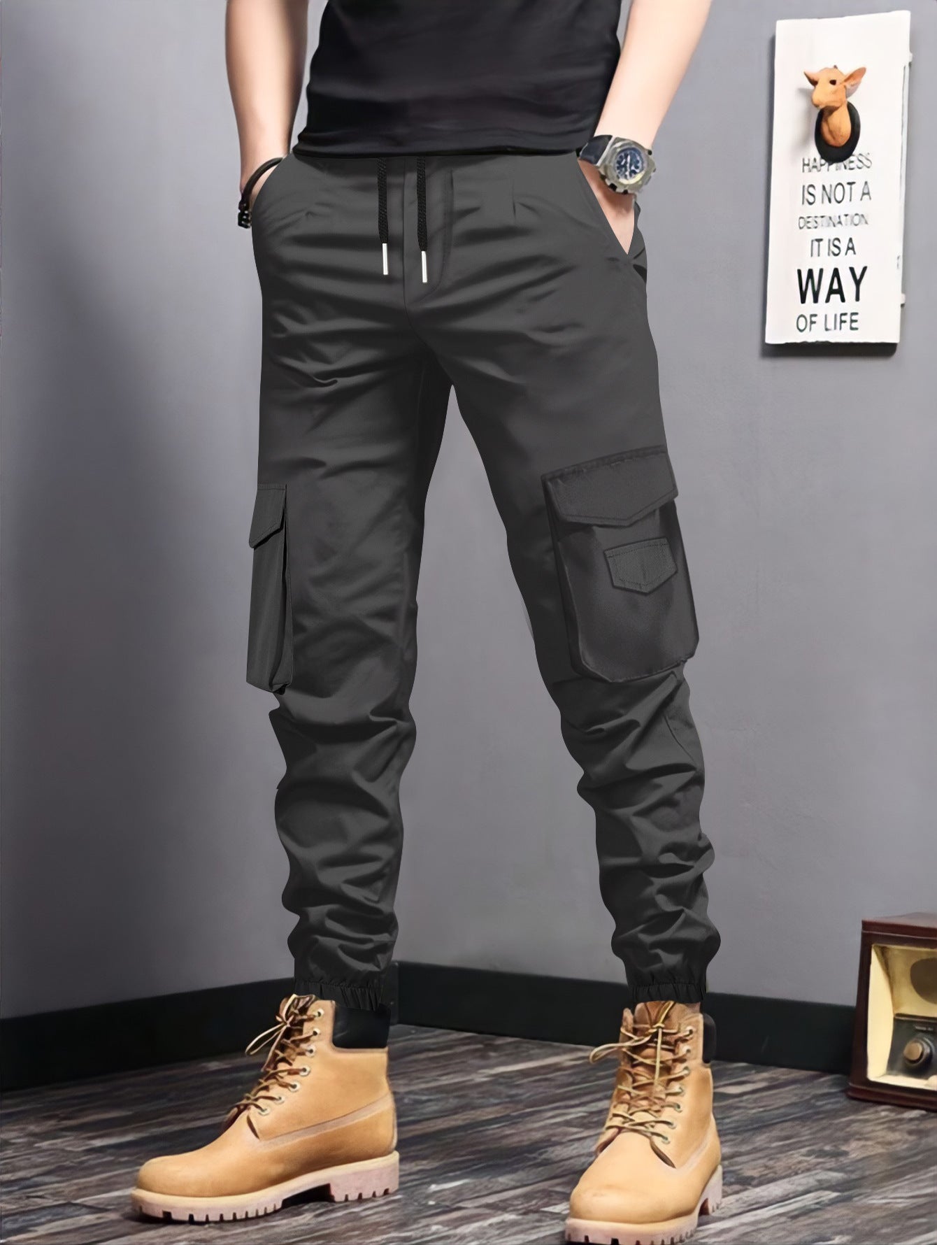 Herren Cargo-Jogginghose Elastisch Mit Taschen Schwarz