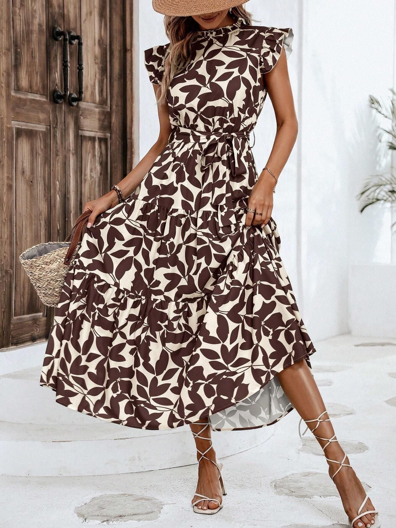 Damen Kleid Midi Lässig mit Rüschen Floral Modern