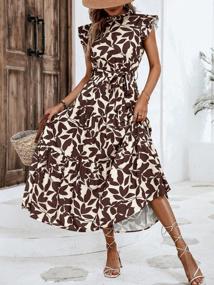 Damen Kleid Midi Lässig mit Rüschen Floral Modern