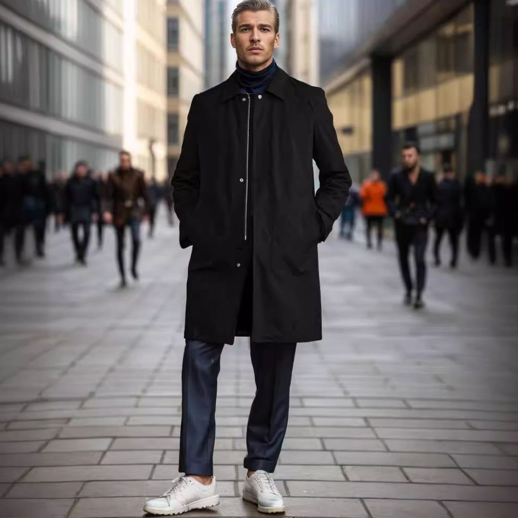 Herren eleganter Übergangsmantel mit praktischem Stehkragen und versteckten Taschen BerlinGlamour, ideal für den modernen Online-Shop.