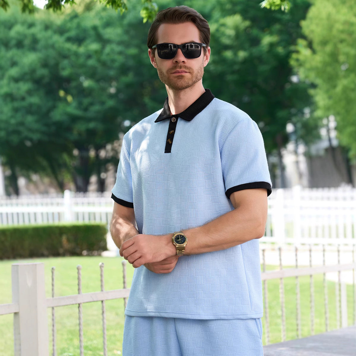 Herren Poloshirt Modern Struktur Muster Knöpfe - BerlinGlamour