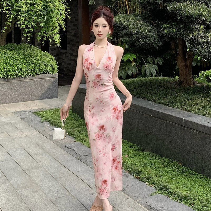 BerlinGlamour Rückenfrei: Sexy Blumen-Halterkleid im Retro-Stil
