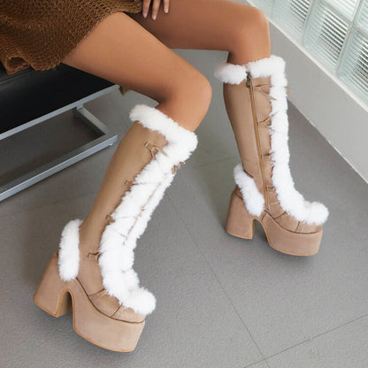 Damen Plateau Stiefel Hoch mit Kunstfell Schnürsenkel Damenstiefel Winter