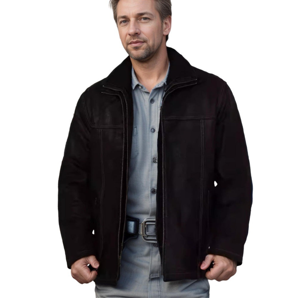 Herren Lammfelljacke Warm mit Kragen und Taschen
