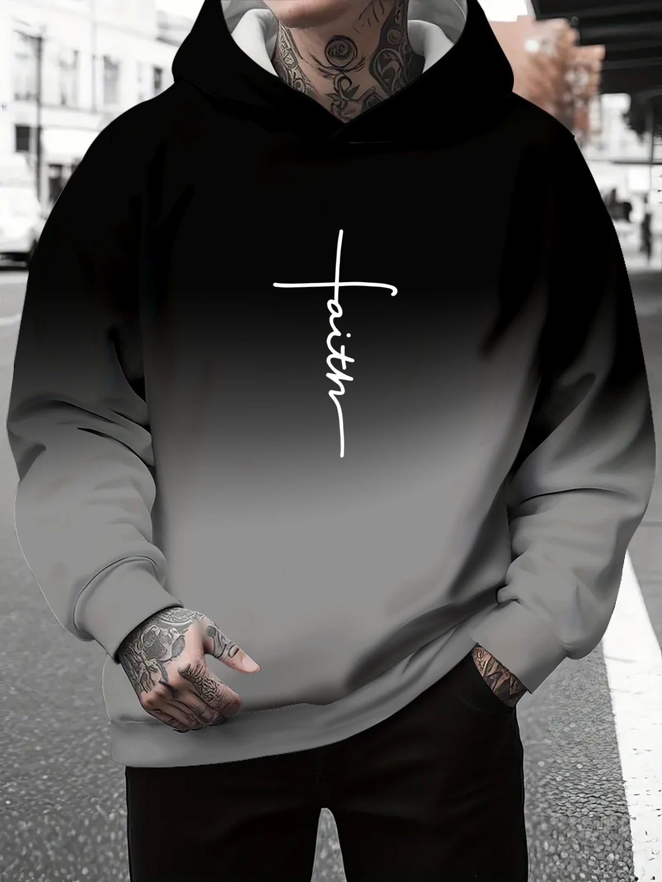 Herren Kapuzenpullover Grau Meliert mit Schriftzug