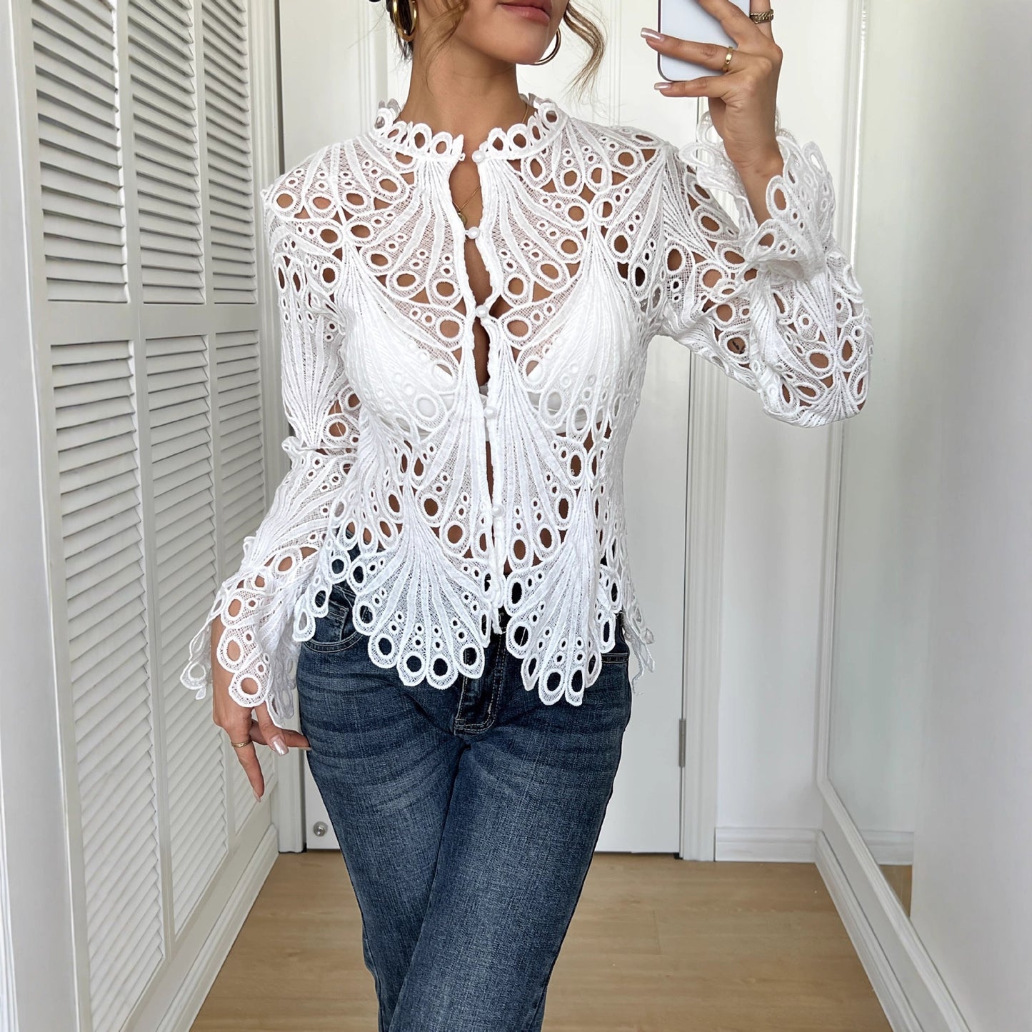 Elegante Damen Bluse Spitze Cut-Outs Figurformend