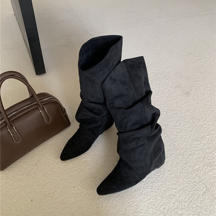 Damen Stiefel Spitz Absatz Geraffter Schaft Moderne Mode