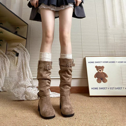 Damen Stiefel Mit Schnalle Elegant Gerafft