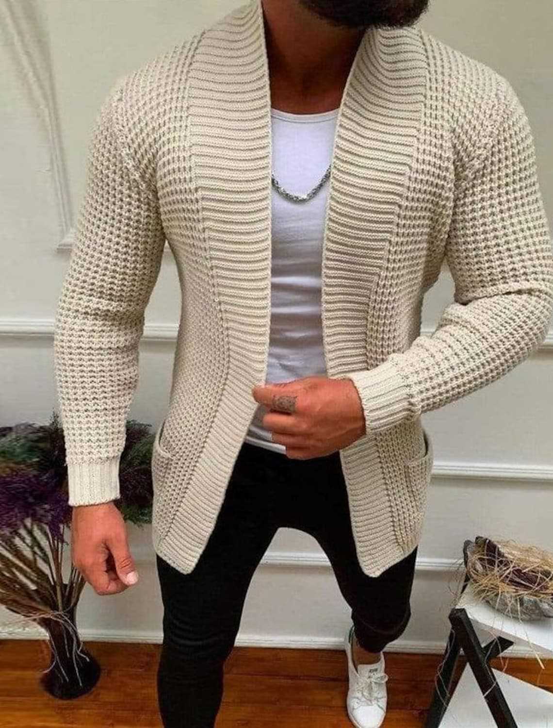 Herren Strickjacke Struktur Optik Tiefkragen Modern
