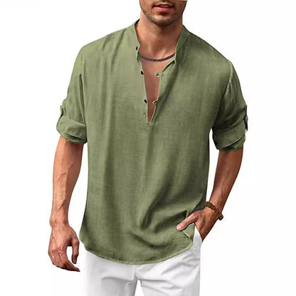 Herren Hemd Modern Stehkragen Knopfleiste Slim Fit