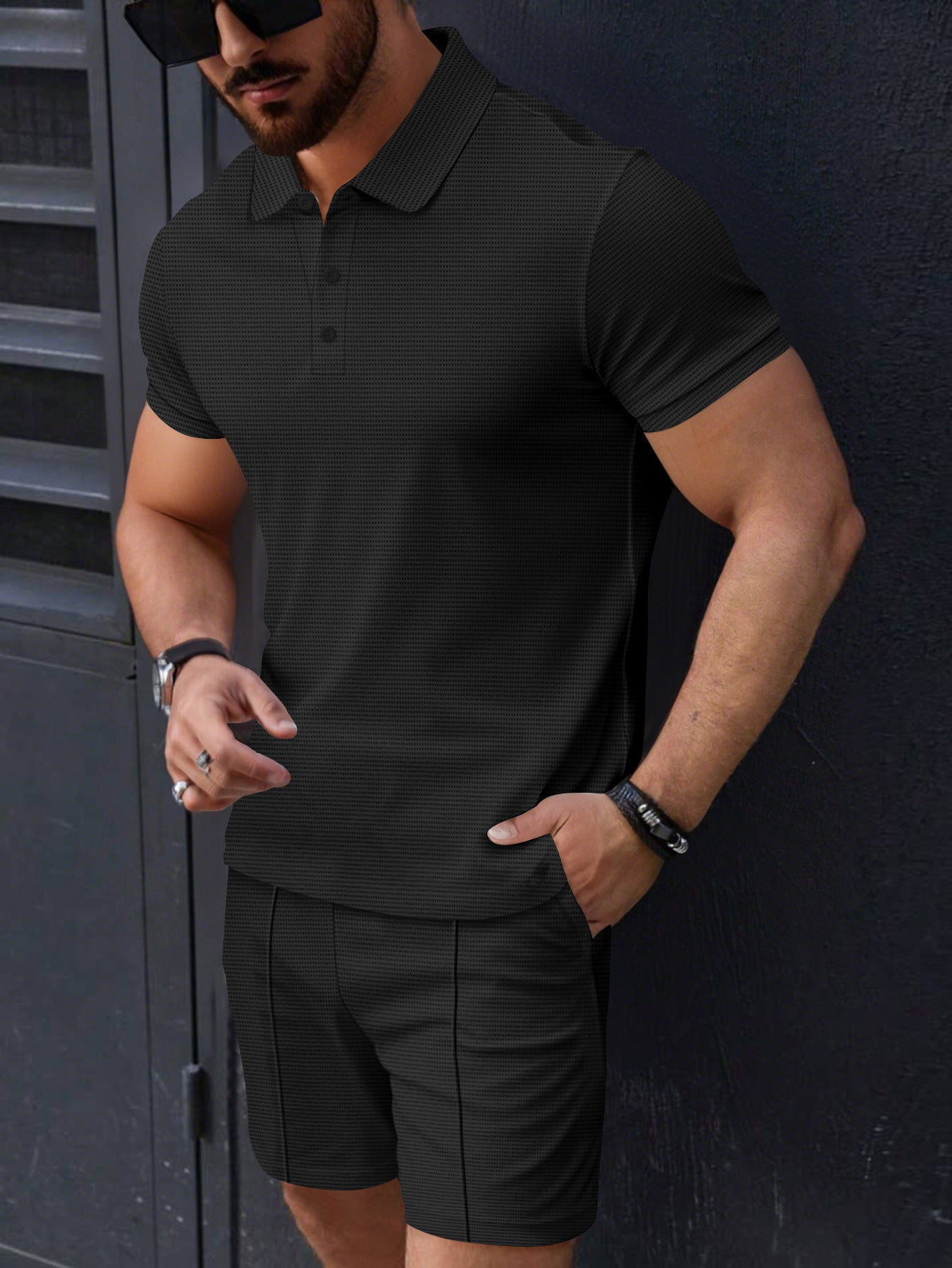 Herren Polohemd Kurzarm mit Shorts Set Sportlich Strukturiert