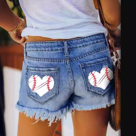 Damen Shorts Denim Herrenlos mit Baseball-Print Trendy Sommer