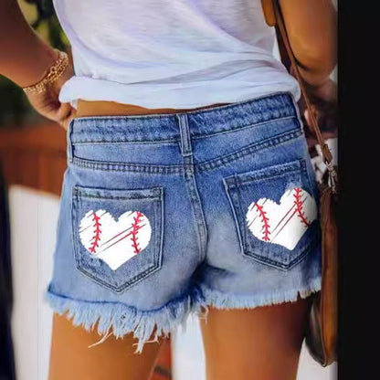 Damen Shorts Denim Herrenlos mit Baseball-Print Trendy Sommer
