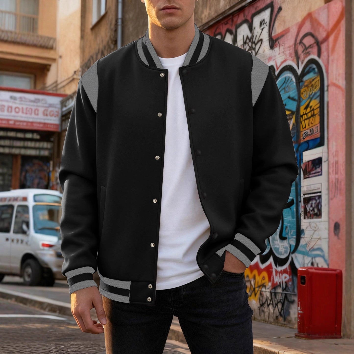 Herren Baseballjacke Sportlich Trendig Schwarz