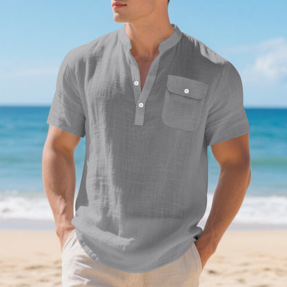 Herren Hemd Kurzarm Henley Kragen mit Brusttasche Modern