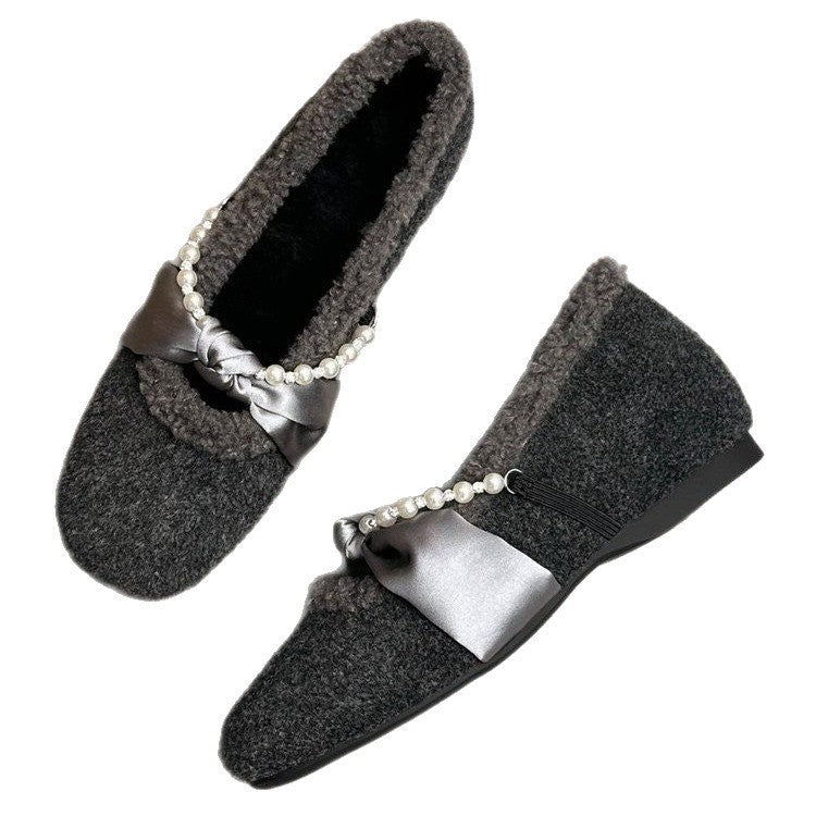 Damen Hausschuhe Filz Weich mit Perlenverzierung Elegante Wintermode