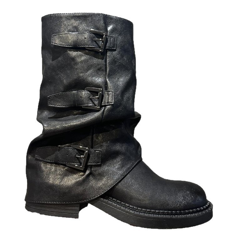 Damen Stiefel Steppschuhe Schnalle Flexibel Schwarz