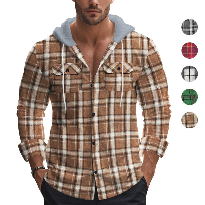 Herren Karohemdjacke Lässig Mit Kapuze Modern