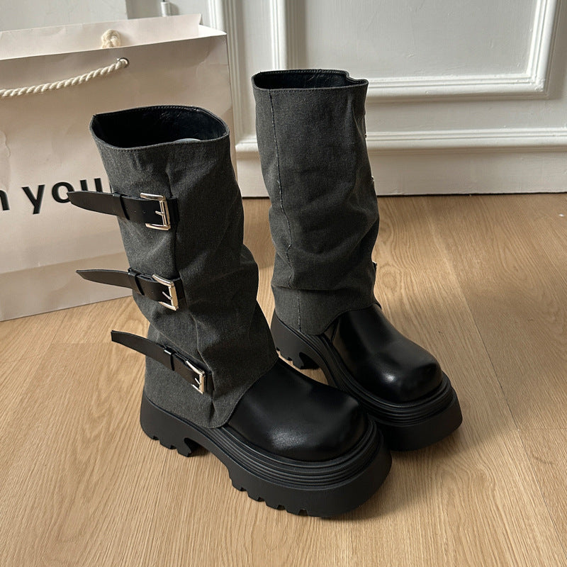 Damen Boots Schnallenverzierung Plateau Heel Stiefel Damen Mode