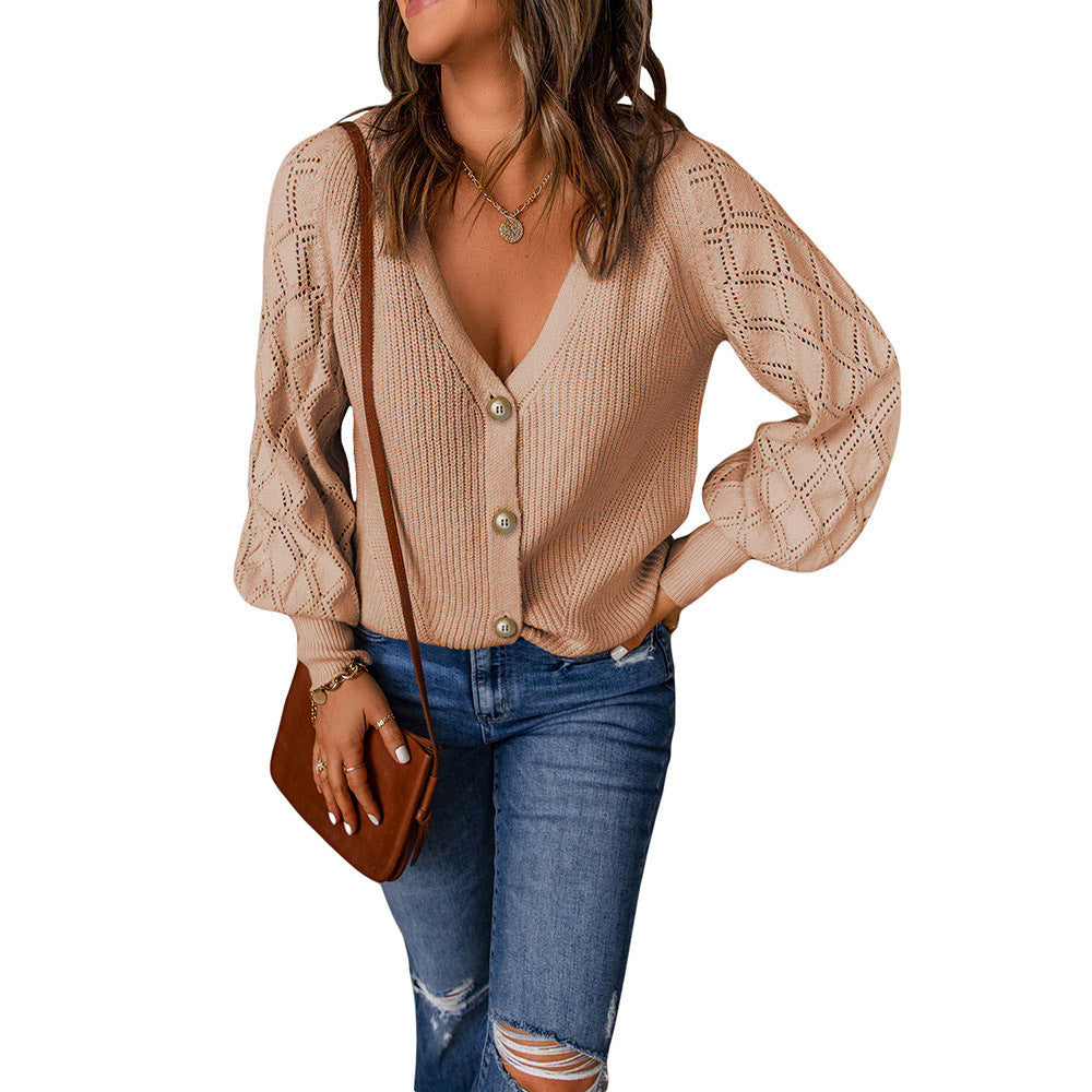 Frauen Strickjacke V-Ausschnitt Puffärmel Modern