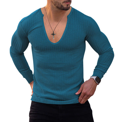 Herren Langarmshirt V-Ausschnitt Feine Rippstruktur Modern