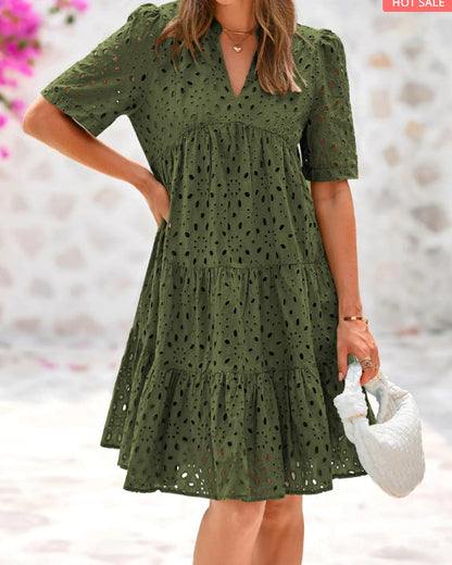 Sommerkleid Damen V-Ausschnitt Rüschensaum Broderie